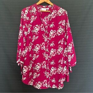 Joan Rivers semi sheer burgundy floral 3/4 sleeve with tie end shirt blouse 14